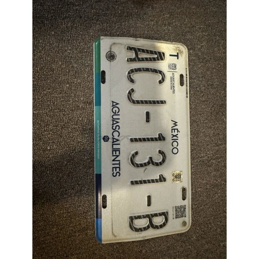 Authentic Mexican License Plate ACJ-131-B Aguascalientes Mexico Teal Accenté